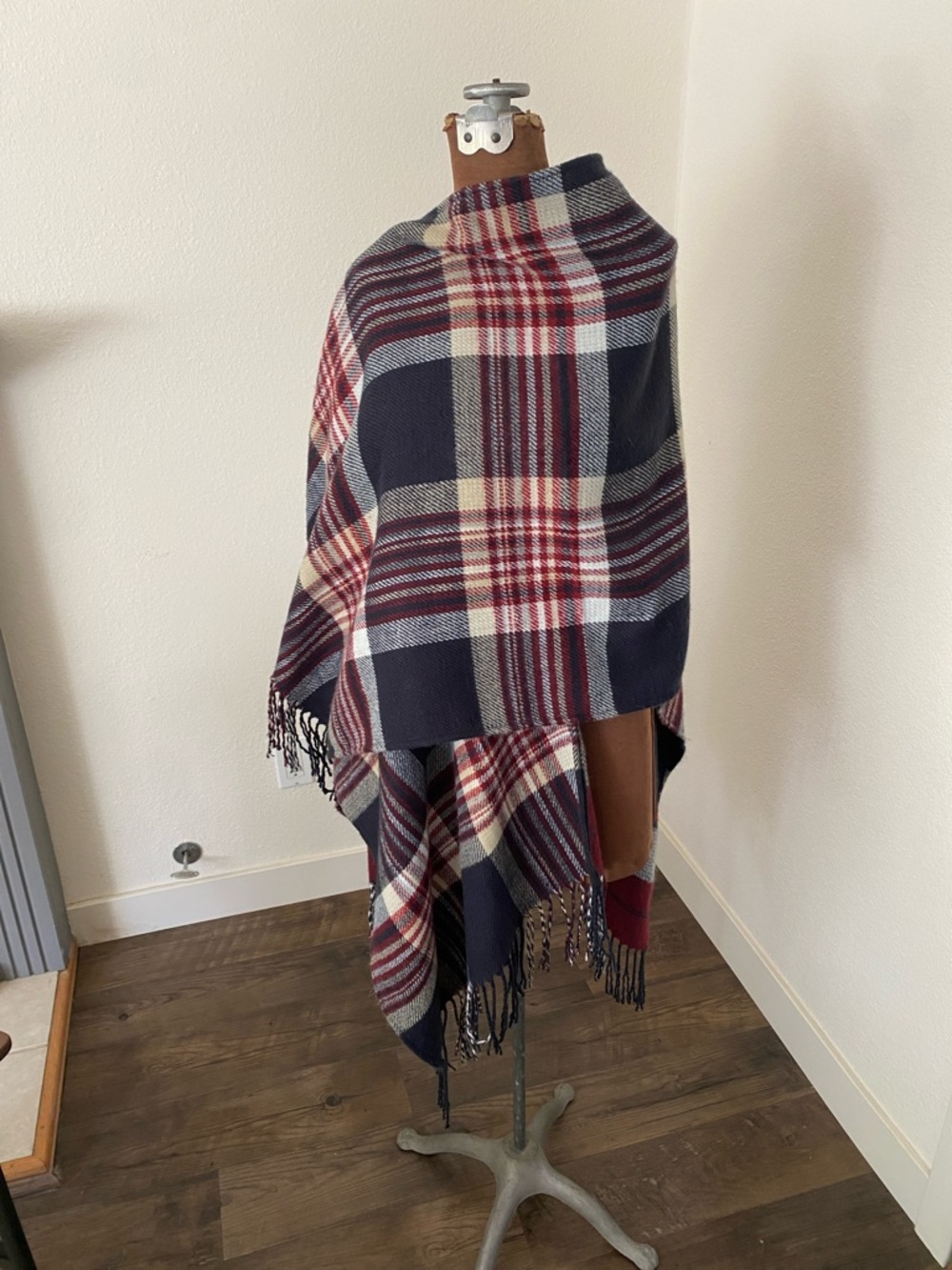 Plaid Fringe Poncho in Navy, Burgundy & Cream lightweight